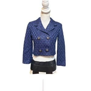 ST. JOHN Navy Blue Metallic Tweed Cropped Blazer Jacket Double Breasted Size 0